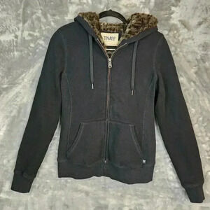 TNA Aritzia Jacket Womens M Black Cheetah Faux Fur Hooded Cozy Athleisure